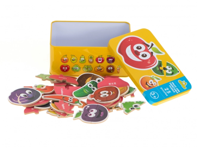 Puzzel met fruit- en groentemotieven in een blikken doosje