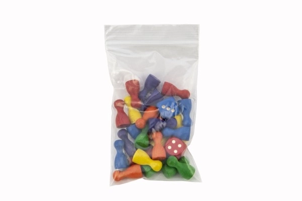 Houten figuurtjes 25mm 24st 6 kleuren+ 2 dobbelstenen gezelschapsspel in zak 7x13cm