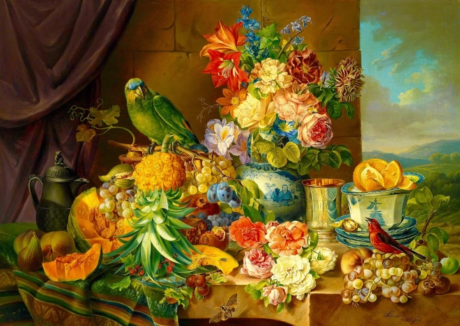 Puzzel Stilleven met bloemen, fruit en papegaai 1000 stukjes