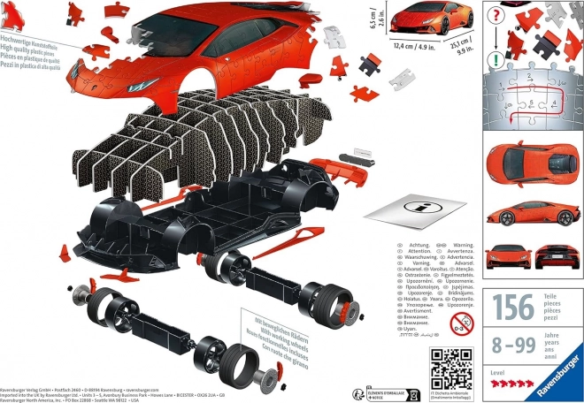 Puzzel 108 stukjes 3D Voertuigen Lamborghini Huracan Evo Arancio