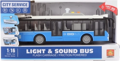 Blauwe stadsbus met licht en geluid