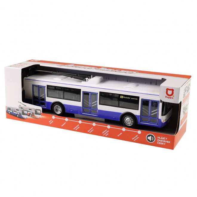 Trolleybus die haltes in het Tsjechisch meldt 28 cm blauw