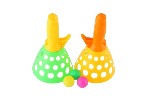 Catch balspel vangen 2 stuks plastic 19cm + 3 ballen in net