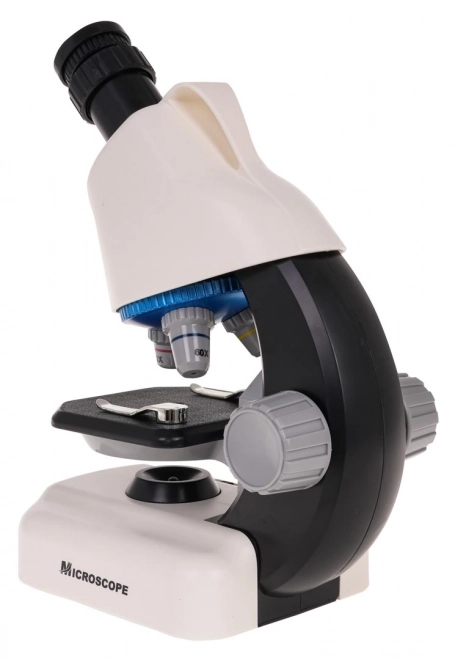 Witte microscoop + reageerbuizen en accessoires