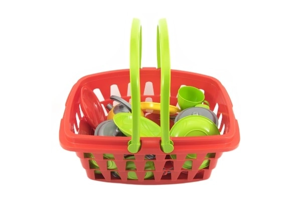 Boodschappenmandje van plastic + set keukengerei in zakje
