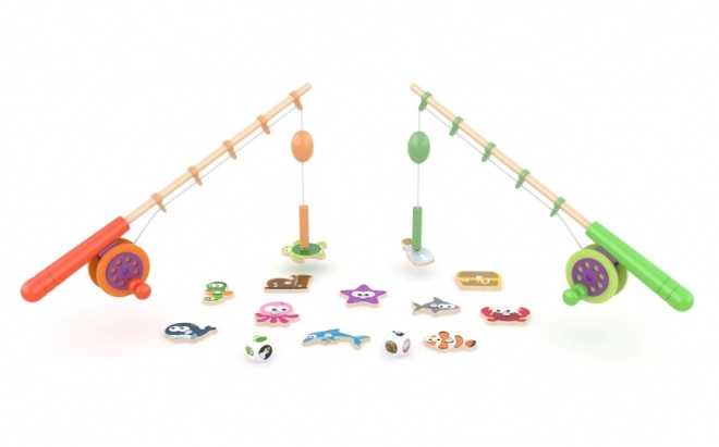 Houten visspel met twee hengels