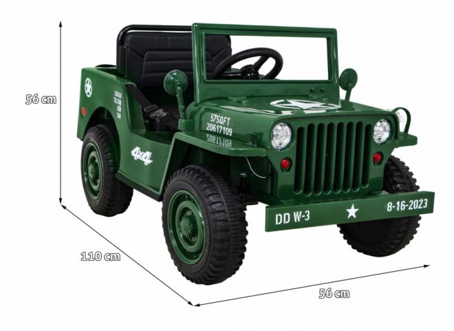 Retro groen militair voertuig voor kinderen + aandrijving 4x4 + afstandsbediening + 2 bagagedragers + langzame start + MP3 LED