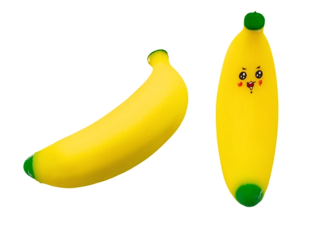 Stressbal in de vorm van een gele banaan