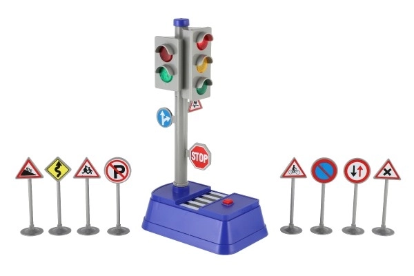 Verkeerslicht met borden kunststof 14x24cm op batterijen met licht en geluid in doos 14x24,5x9cm