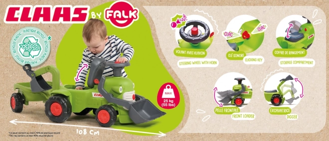 Rijdende tractor Claas met aanhanger, lader en schep