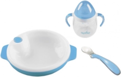Set thermobord met siliconen lepeltje en beker, Pastelblauw