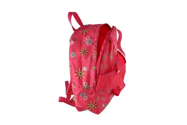 Roze rugzak met draagzak voor pop met bloemenpatroon