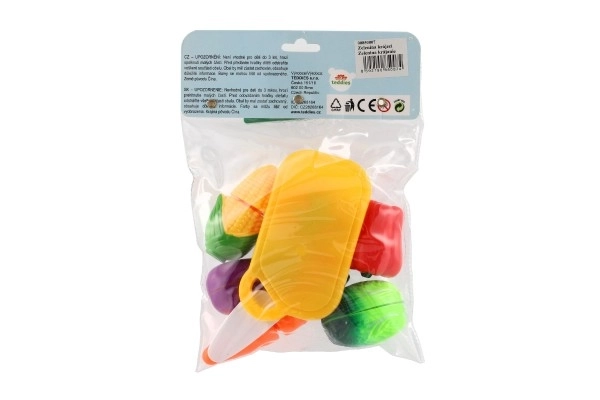 Snijgroente plastic met plank 13,5x8cm met mes in zak 18x26x5cm