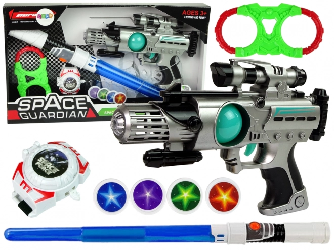 Set van ruimtewapens Space Guardian met laserpistool en zwaard