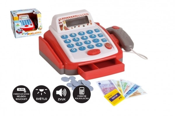 Kassa klein digitaal plastic 18cm met accessoires op batterijen met geluid en licht in doos 22x15x18cm
