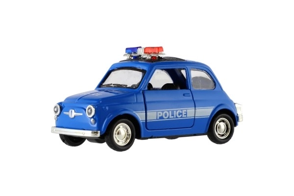 Retro politieauto 11cm metaal/plastic, zelfopwindend met licht op batterijen, 4 soorten