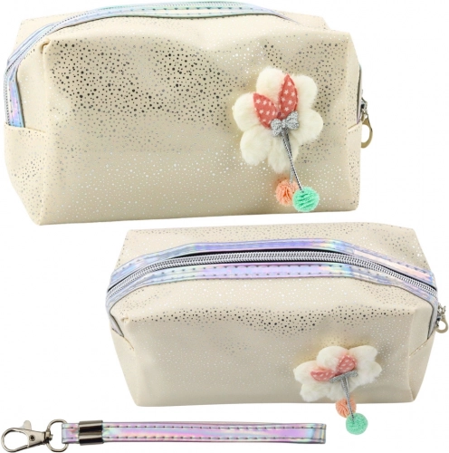 Cosmetische tas met strik en glitter beige