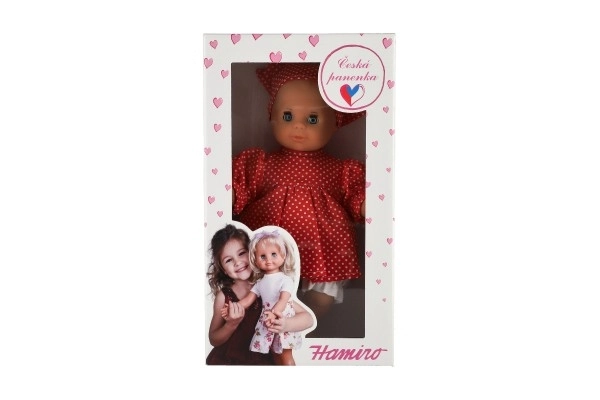 Pop/ Baby Hamiro 30cm, stoffen lichaam jurk rood+ witte stip + hoofddoek in doos 20x35x13cm