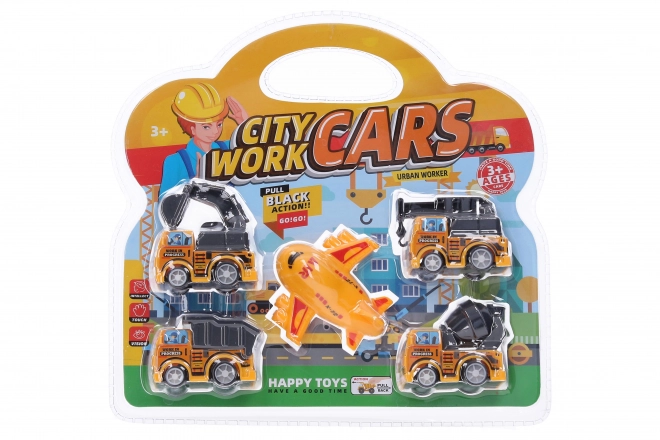 Set van Kleine Bouwmachines en Terugtrekvliegtuigje