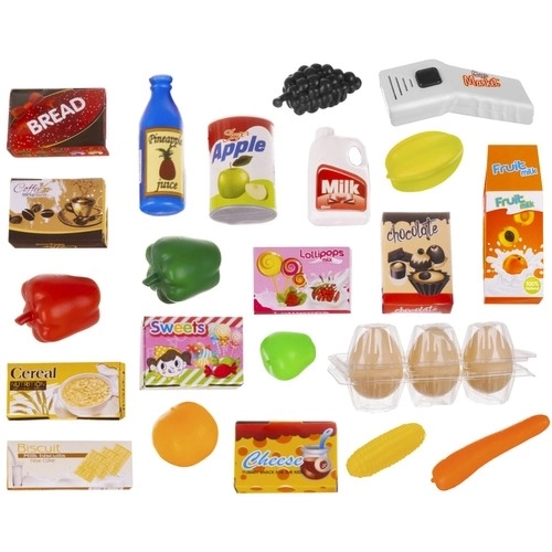 Supermarkt met kassa, winkelmandje en accessoires