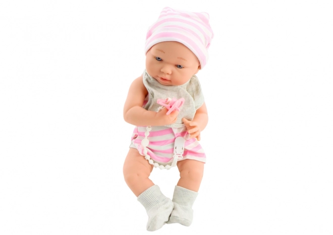 Stoffen Baby in Wit-Roze Kleding met Mutsje en Speen