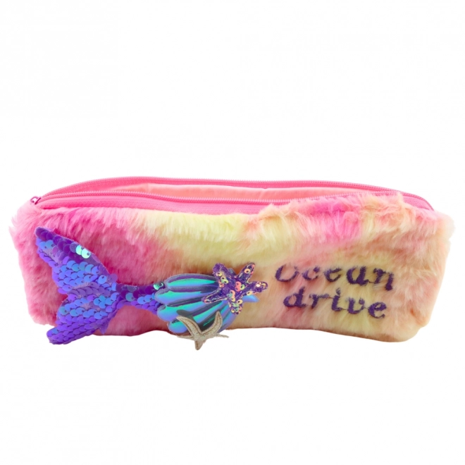 Pluche etui met zeemeerminstaart, roze en paars met pailletten