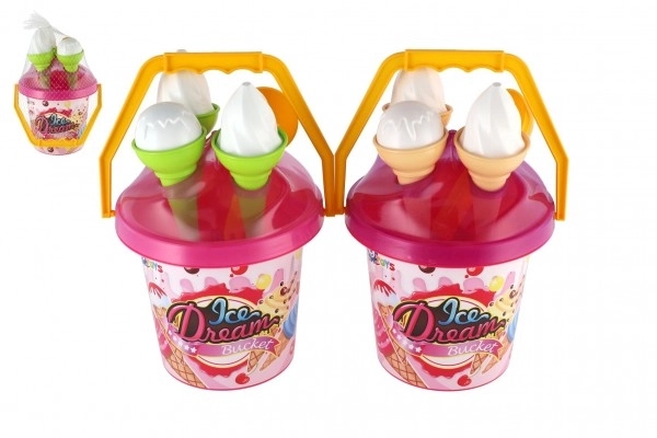 Zandset plastic emmer + ijshoornvormpjes 2 kleuren in net 18x28x17cm 12m+
