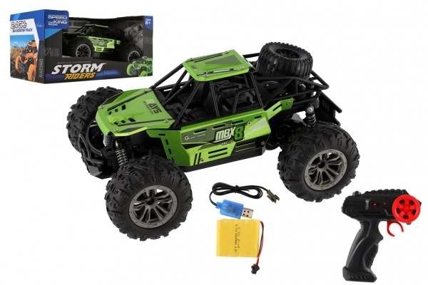 Auto RC buggy terrein groen 22cm kunststof 2,4GHz op batterijen + oplaadpakket in doos 32x16x18cm