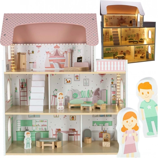 Houten poppenhuis met LED-verlichting Lulilo Peonio 70 cm, roze