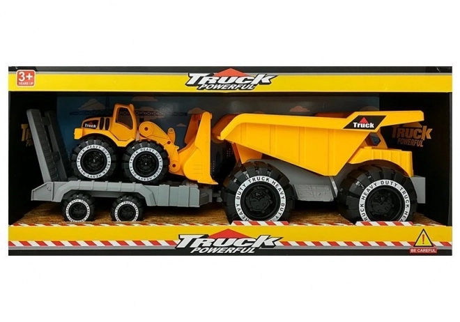 Grote vrachtwagenspeelgoed met aanhanger en bulldozer 49 cm