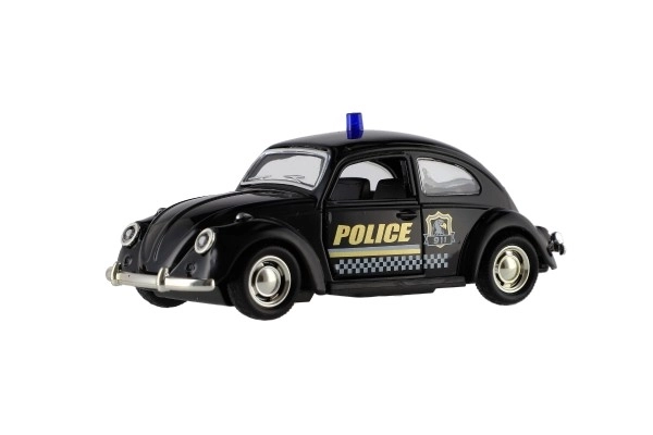 Retro politieauto 11cm metaal/plastic, zelfopwindend met licht op batterijen, 4 soorten