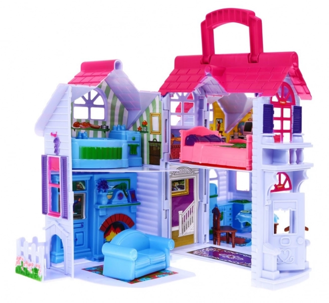 Uitklapbaar kinderspeelhuisje 3+ Paars + familiefiguren + hond + meubels + 2 verdiepingen