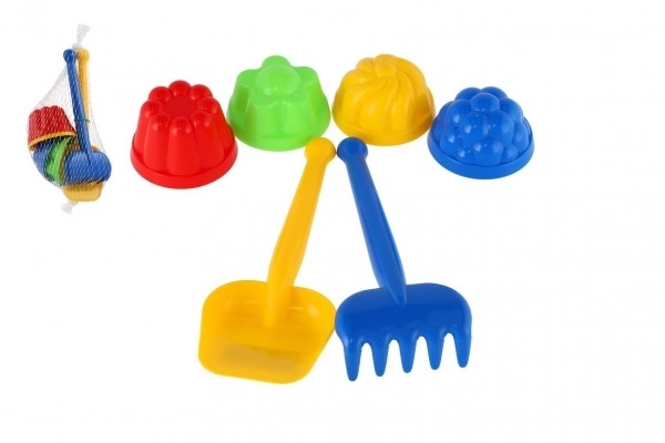 Set voor zandspelen kunststof schepje, harkje, 4 stuks bakvormen in netje