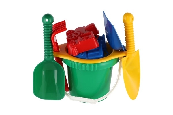 Emmer met zeef, schep, handelsschep en harkjes van plastic in netje 20x28x12cm 12m+