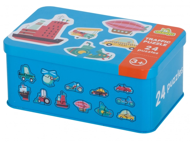 Puzzel met vervoermiddelen in een blikje
