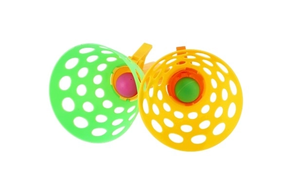 Catch balspel vangen 2 stuks plastic 19cm + 3 ballen in net