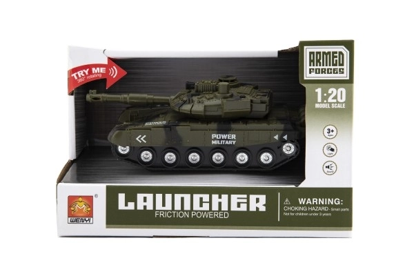 Tank plastic 20cm op traagheidsmechanisme op batterijen met licht en geluid in doos 24x16x11cm