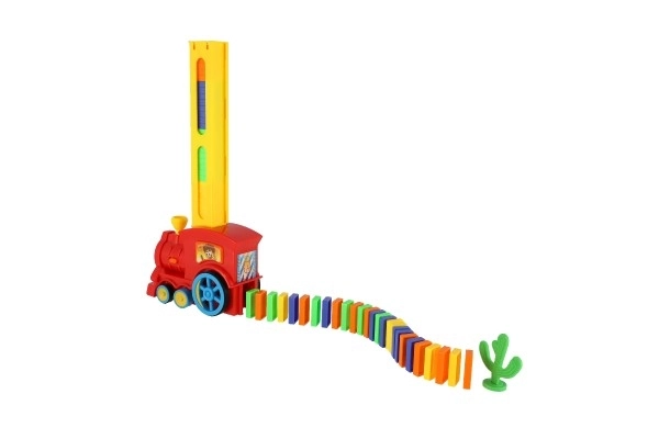 Locomotief/Trein domino bouwend plastic 16cm op batterijen met geluid en licht in doos 33x23,5x8cm