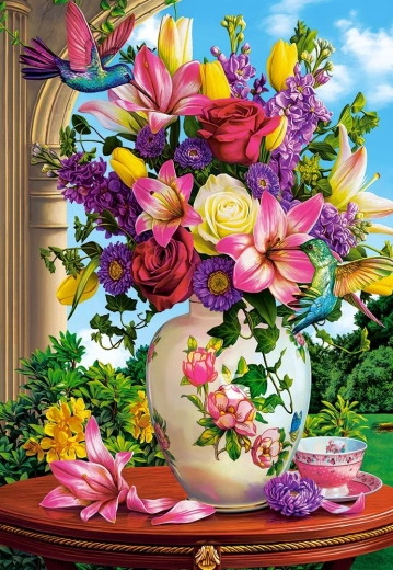 Puzzel 1500 stukjes Vaas met bloemen – Kolibries