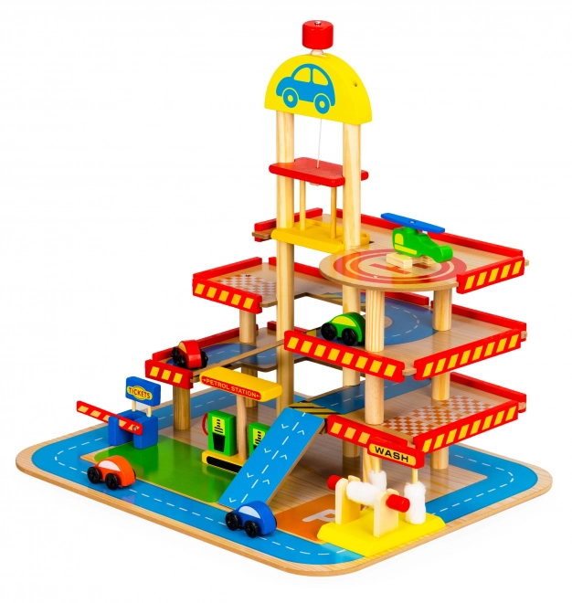 ECOTOYS Houten meerlaagse garage met lift, helihaven en extra accessoires