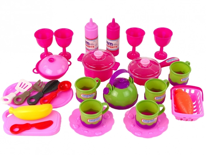 Roze servies set in een tas, 31 stukken