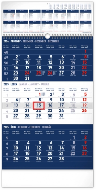 NOTIQUE Wandkalender 3-maandelijks standaard blauw – met jaaroverzicht 2025, 29,5 x 43 cm