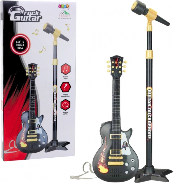 Muziekset voor kinderen met gitaar en microfoon op statief – zwart