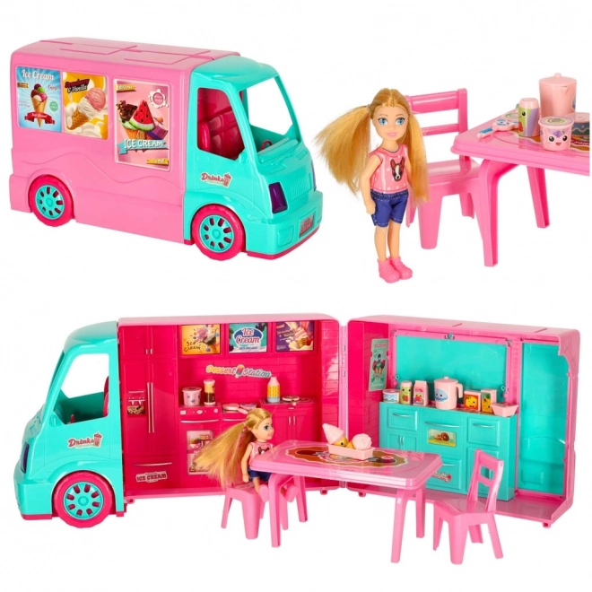 Camper voor poppen met foodtruck