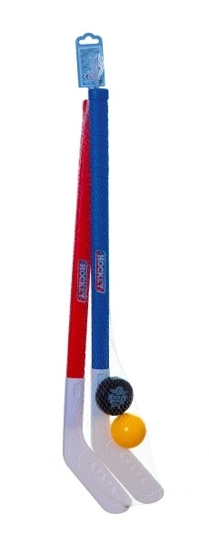 Hockey stick veld 2 stuks plastic 72cm + floorbal bal + plastic puck in net