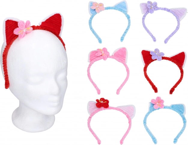 Carnavals haarband kattenoortjes met bloem – mix van kleuren