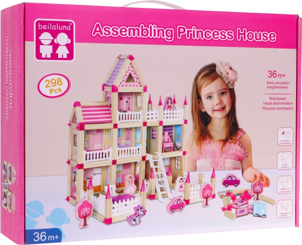 Houten bouwset voor kinderen 3+ Roze MEGA poppenhuis 268 stuks