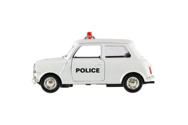 Retro politieauto 11cm metaal/plastic, zelfopwindend met licht op batterijen, 4 soorten