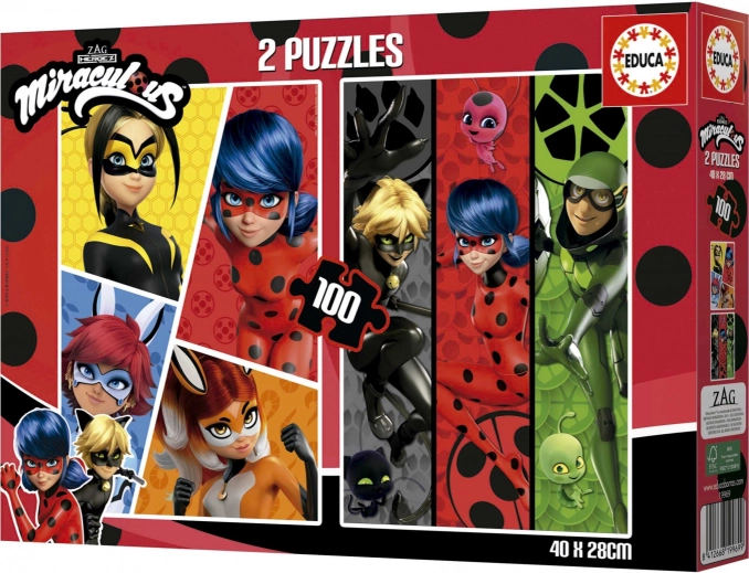 Kinderenpuzzel EDUCA – WONDERLADYBUG EN ZWARTE KATER 2×100 stukjes
