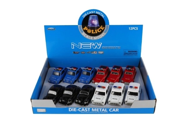 Retro politieauto 11cm metaal/plastic, zelfopwindend met licht op batterijen, 4 soorten